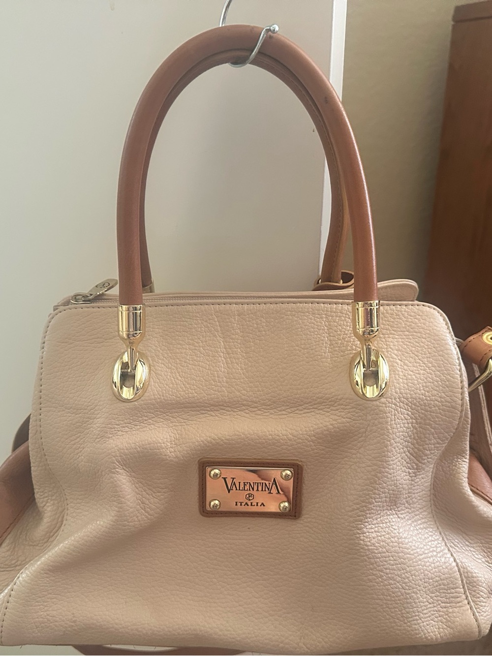 Valentina Beige Satchel with Brown Handles and Gold Hardware